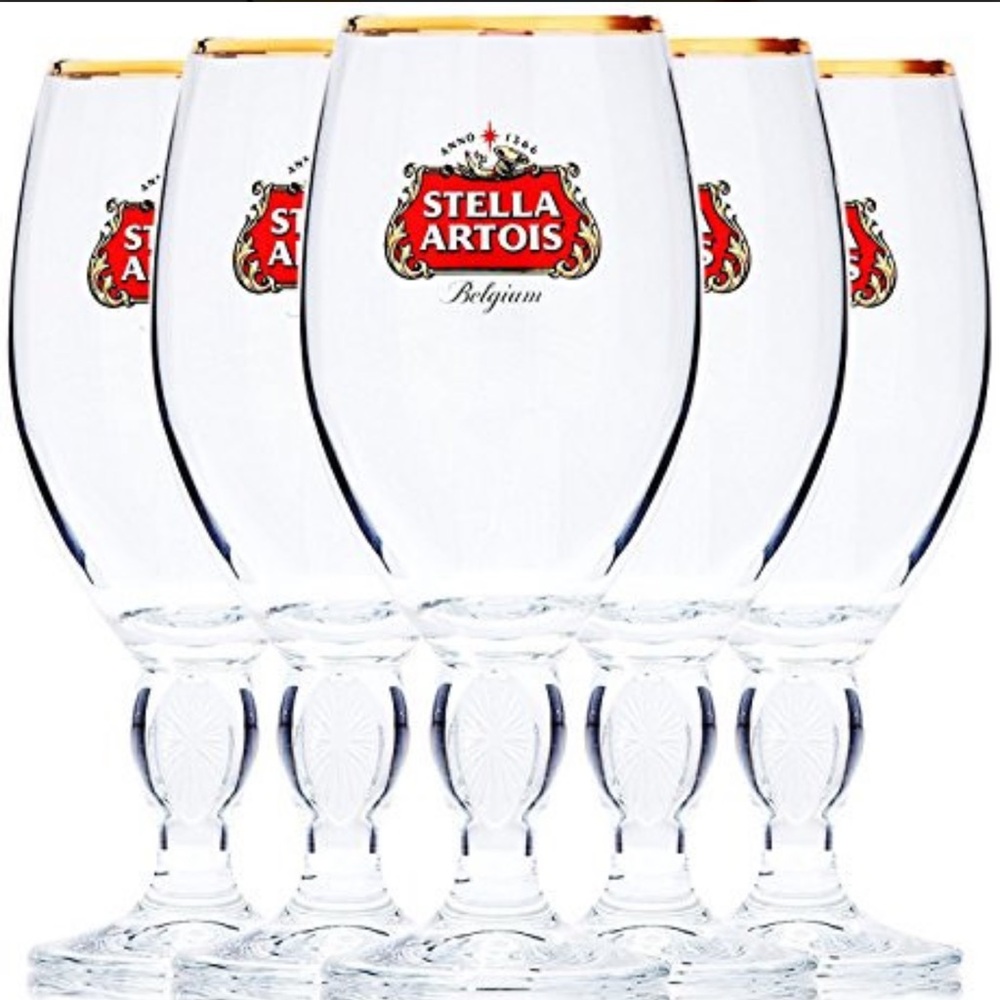 Stella Artois Logo Collectible Gold Rim Embossed Thumb Grip Chalice Beer Glass*